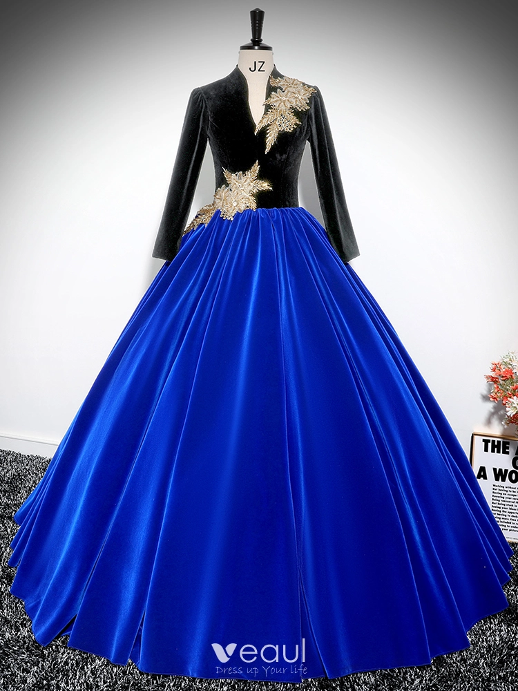 Vintage Retro Royal Blue Beading Lace Flower Velvet Prom Dresses 2024 Ball Gown V-Neck