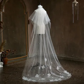 Modest Simple White Lace Flower Sweep Train 3 M Wedding Veils 2025