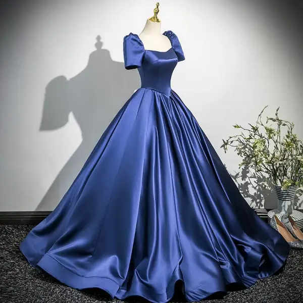 Vintage Retro Navy Blue Satin Prom Dresses 2025 Ball Gown Square Neckline Short Sleeve