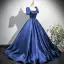 Vintage / Originale Bleu Marine Satin Robe De Bal 2025 Robe Boule Encolure Carrée Manches Courtes Dos Nu Noeud Train De Balayage Promo Robe De Ceremonie