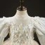 Luxury / Gorgeous Champagne Beading Pearl Lace Flower Appliques Birthday Flower Girl Dresses 2022 Ball Gown High Neck Puffy Short Sleeve Backless Floor-Length / Long Flower Girl Dresses