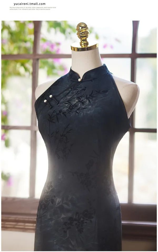 Chinese style Vintage / Retro Navy Blue Printing Evening Party Cheongsam 2025 Trumpet / Mermaid High Neck Sleeveless Tea-length Cheongsam / Qipao