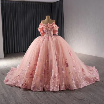 Fée Des Fleurs Luxe Rougissant Rose Perle En Dentelle Fleur Robe De Bal 2024 Robe Boule De L Épaule Manches Courtes Dos Nu Chapel Train Promo Robe De Ceremonie