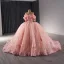 Flower Fairy Luxury / Gorgeous Blushing Pink Pearl Lace Flower Prom Dresses 2024 Ball Gown Off-The-Shoulder Short Sleeve Backless Chapel Train Prom Formal Dresses