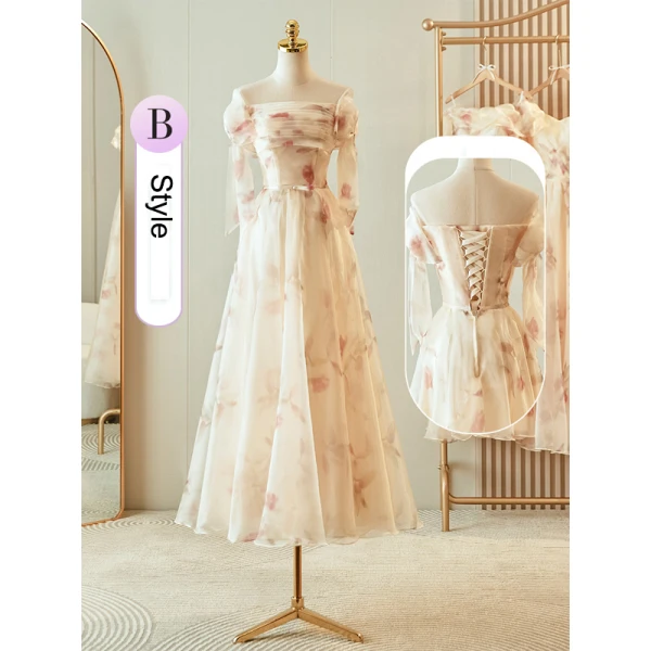 Modest / Simple Champagne Printing Bridesmaid Dresses 2023 A-Line / Princess Short Sleeve Backless Tea-length Bridesmaid Wedding Party Dresses