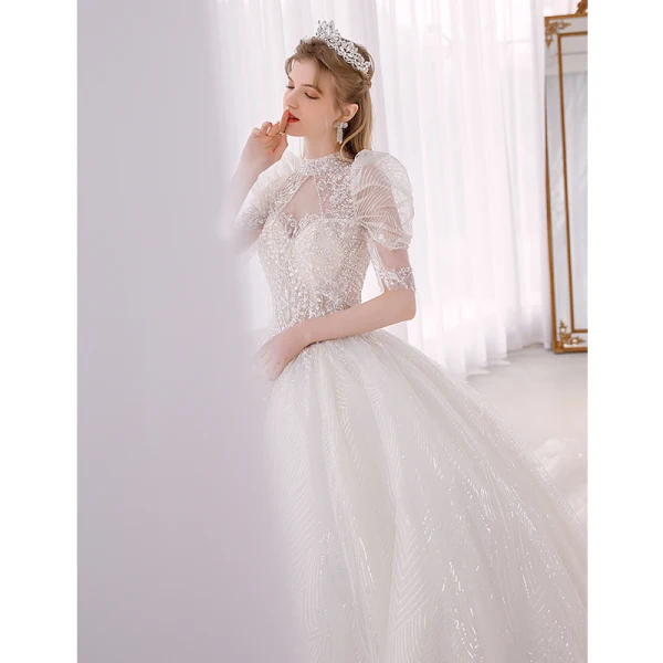 Fabulous White Beading Sequins Pearl Wedding Dresses 2022 Ball Gown High Neck Puffy Short Sleeve Backless Royal Train Wedding
