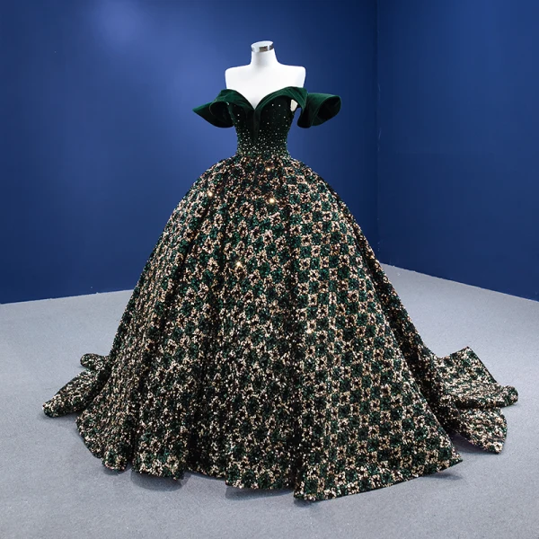 Scintillantes Vert Foncé Perlage Paillettes Daim Robe De Bal 2022 Robe Boule De l'épaule Manches Courtes Dos Nu Chapel Train Promo Robe De Ceremonie