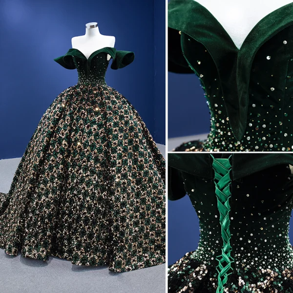Scintillantes Vert Foncé Perlage Paillettes Daim Robe De Bal 2022 Robe Boule De l'épaule Manches Courtes Dos Nu Chapel Train Promo Robe De Ceremonie