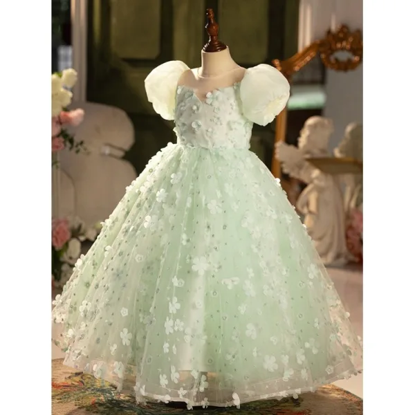 Chic / Beautiful Sage Green Appliques Birthday Flower Girl Dresses 2024 Ball Gown Scoop Neck Puffy Short Sleeve Backless Floor-Length / Long