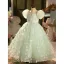 Chic / Beautiful Sage Green Appliques Birthday Flower Girl Dresses 2024 Ball Gown Scoop Neck Puffy Short Sleeve Backless Floor-Length / Long