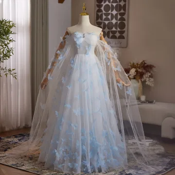 Fée Des Fleurs Bleu Ciel Papillon Robe De Bal 2025 Robe Boule De L Épaule Sans Manches Dos Nu Longue Robe De Ceremonie