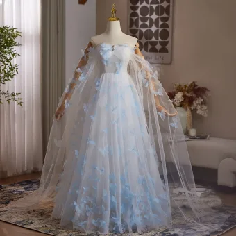 Blumenfee Himmelblau Schmetterling Ballkleider 2025 Ballkleid Off Shoulder Ärmellos Rückenfreies Lange Festliche Kleider