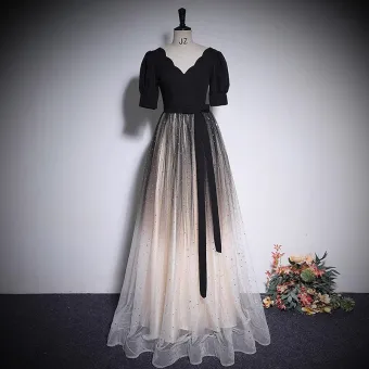 Chic Belle Noire Paillettes Robe De Bal 2023 Princesse V Cou Manches Courtes Dos Nu Noeud Ceinture Longue Promo Robe De Ceremonie