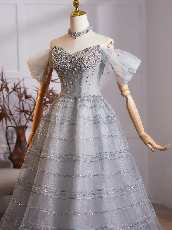 Bling Bling Grey Beading Rhinestone Sequins Prom Dresses 2025 Ball Gown Off-The-Shoulder Sleeveless Backless Floor-Length / Long Formal Dresses