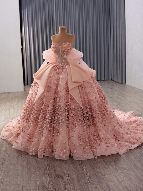Luxury / Gorgeous Blushing Pink Beading Appliques Pearl Sequins Prom Dresses 2025 Ball Gown Strapless Sleeveless Backless Floor-Length / Long Prom Formal Dresses