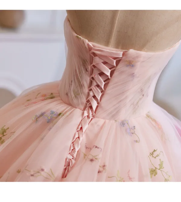 Flower Fairy Blushing Pink Appliques Prom Dresses 2025 Ball Gown Strapless Sleeveless Backless Sweep Train Formal Dresses