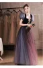 Chic / Beautiful Gradient-Color Purple Glitter Prom Dresses 2022 A-Line / Princess Square Neckline Puffy Short Sleeve Backless Bow Floor-Length / Long Prom Formal Dresses