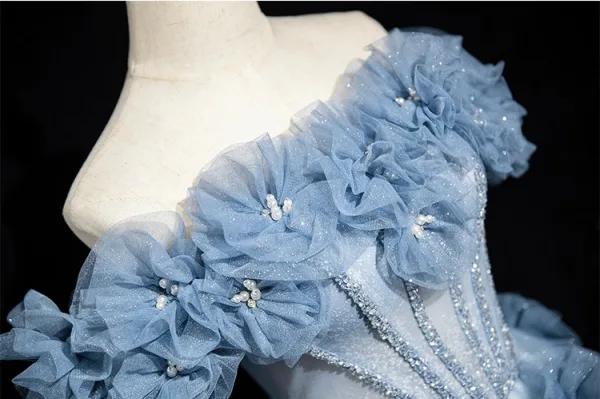 Chic / Beautiful Sky Blue Appliques Rhinestone Prom Dresses 2025 A-Line / Princess Off-The-Shoulder Short Sleeve Backless Floor-Length / Long Prom Formal Dresses