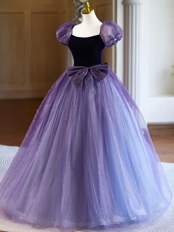Chic / Beautiful Lilac Sequins Prom Dresses 2024 Ball Gown Square Neckline Puffy Short Sleeve Backless Bow Floor-Length / Long Prom Formal Dresses