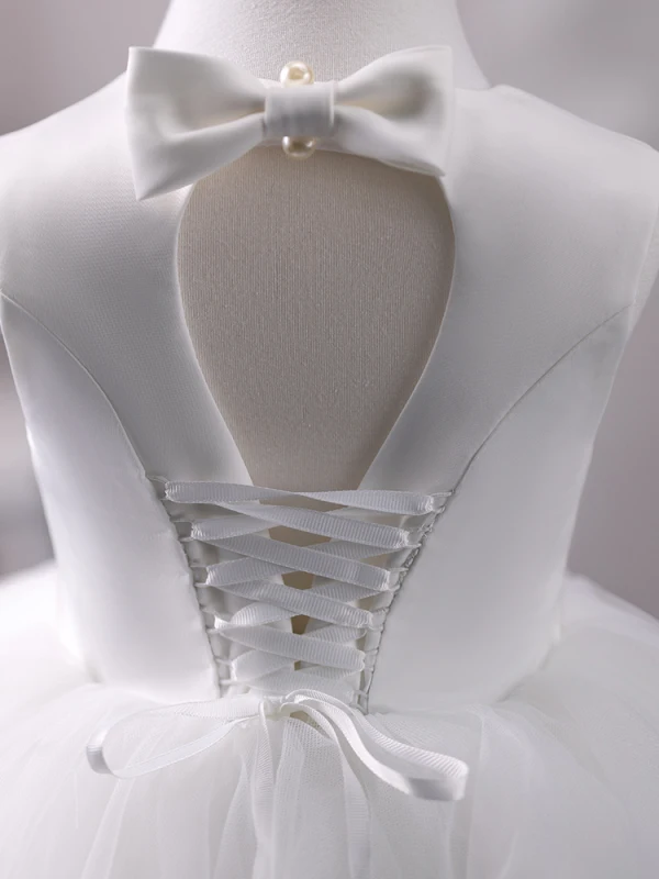 Modest / Simple White Short Birthday Flower Girl Dresses 2024 Ball Gown Scoop Neck Sleeveless Backless Bow