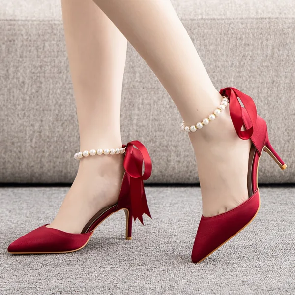 Charmant Noire Soirée Perle Bride Cheville Noeud Sandales Femme 2023 7 cm Talons Aiguilles À Bout Pointu Sandales Talons Hauts