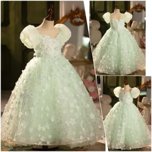 Chic Belle Vert Cendré Appliques Anniversaire Robe Ceremonie Fille 2024 Robe Boule Encolure Dégagée Gonflée Manches Courtes Dos Nu Longue