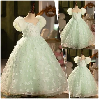Chic Belle Vert Cendré Appliques Anniversaire Robe Ceremonie Fille 2024 Robe Boule Encolure Dégagée Gonflée Manches Courtes Dos Nu Longue