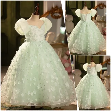Chic Beautiful Sage Green Appliques Birthday Flower Girl Dresses 2024 Ball Gown Scoop Neck Puffy Short Sleeve Backless Floor Length Long