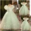 Chic / Beautiful Sage Green Appliques Birthday Flower Girl Dresses 2024 Ball Gown Scoop Neck Puffy Short Sleeve Backless Floor-Length / Long