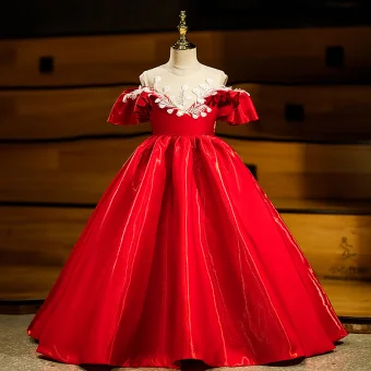 Chic Belle Rouge Perlage En Dentelle Fleur Anniversaire Robe Ceremonie Fille 2024 Princesse Encolure Dégagée Manches Courtes Longue