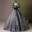 Vintage / Retro Ocean Blue Printing Prom Dresses 2024 Ball Gown Square Neckline Short Sleeve Backless Floor-Length / Long Prom Formal Dresses