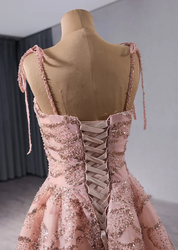 Haut de Gamme Rougissant Rose Fait main Perlage Paillettes Robe De Bal 2024 Princesse Bretelles Spaghetti Sans Manches Dos Nu Train De Balayage Promo Robe De Ceremonie