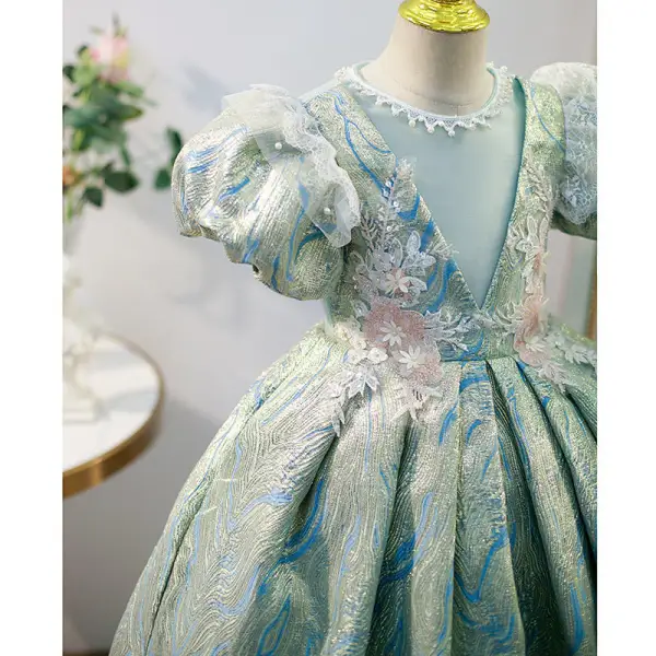Modern / Fashion Mint Green Pearl Sequins Lace Flower Birthday Flower Girl Dresses 2022 Ball Gown Puffy Short Sleeve Scoop Neck Floor-Length / Long Flower Girl Dresses