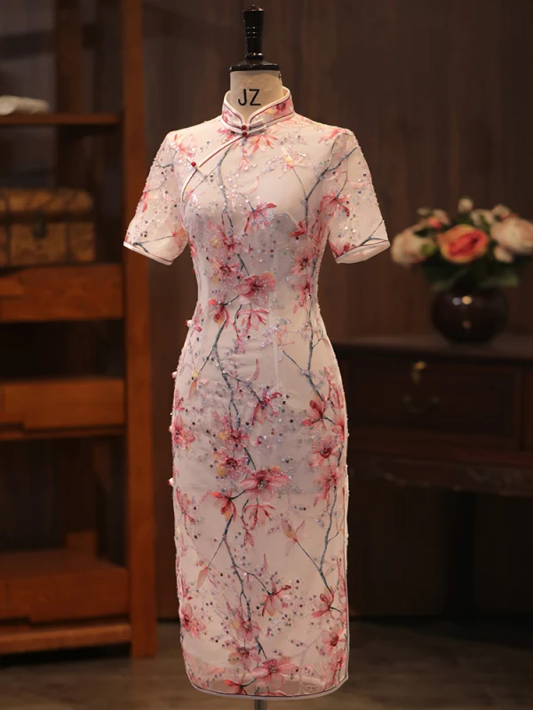 Chiński Styl Rumieniąc Różowy Cekiny Druk Wieczorowe Cheongsam 2024 Syrena / Rozkloszowane Wysokiej Szyi Kótkie Rękawy Długość Herbaty