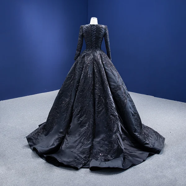 Vintage / Retro High-end Black Handmade  Beading Sequins Prom Dresses 2022 Ball Gown Scoop Neck Long Sleeve Sweep Train Formal Dresses
