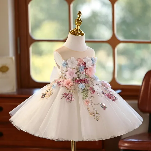 Flower Fairy White Pearl Appliques Sequins Short Birthday Flower Girl Dresses 2025 Ball Gown Scoop Neck Sleeveless Flower Girl Dresses