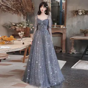 Sparkly Grey Beading Sequins Evening Dresses 2022 A Line Princess Square Neckline Long Sleeve Backless Floor Length Long Prom Formal Dresses