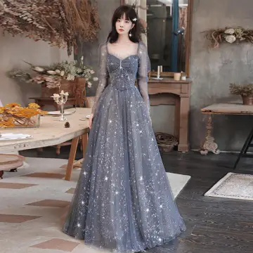 Scintillantes Gris Perlage Paillettes Robe De Soirée 2022 Princesse Encolure Carrée Manches Longues Dos Nu Longue Promo Robe De Ceremonie