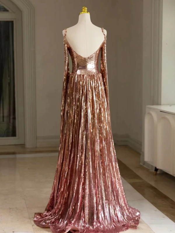 Scintillantes Sexy Doré Paillettes Robe De Bal 2024 Princesse Bretelles Spaghetti Sans Manches Dos Nu Train De Balayage Promo Robe De Ceremonie