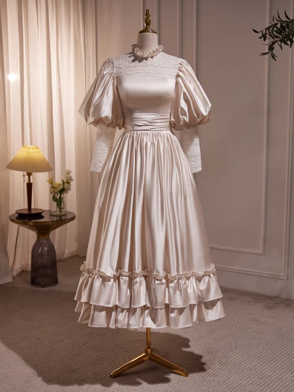 Audrey Hepburn Style Vintage / Retro Champagne Satin Prom Dresses 2023 A-Line / Princess High Neck Puffy Short Sleeve Backless Floor-Length / Long Formal Dresses