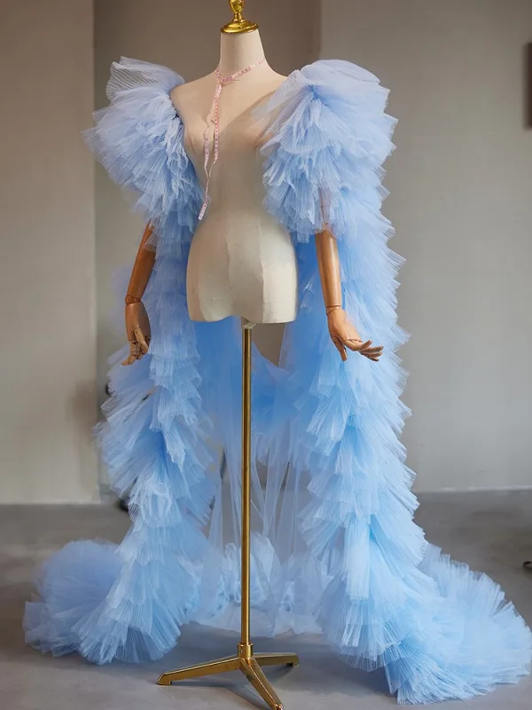 Fine Himmelen Blå Håndlaget Gripende Ruffles Tyll Aften Ball sjal Jakker & wraps 2024
