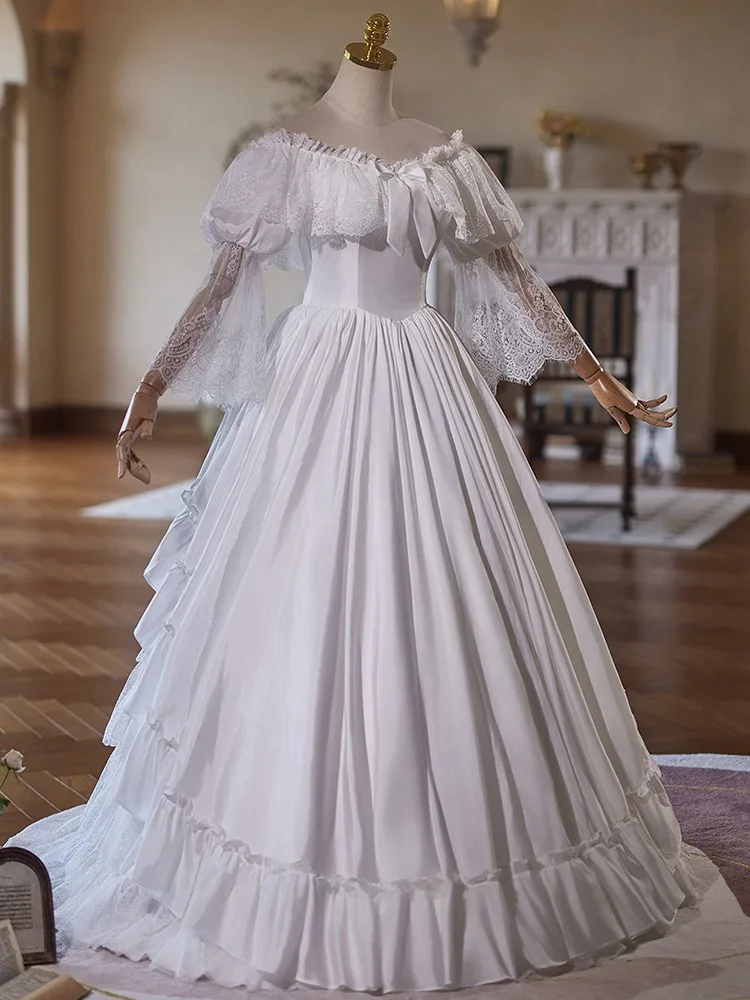 Vintage Retro Medieval White Lace Flower Wedding Dresses Ball Gown 2025 Off  The Shoulder Long Sleeve Backless Floor Length Long Wedding