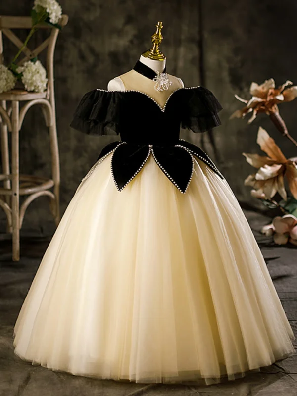 Fashion Black Pearl Flower Birthday Flower Girl Dresses 2023 Ball Gown High Neck Short Sleeve Floor-Length / Long