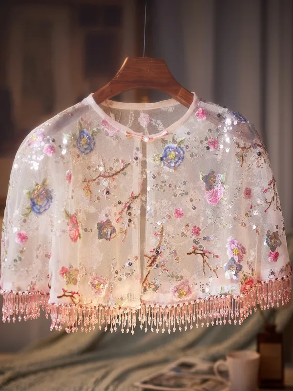 Fancy Multi-Farger Håndlaget Blonder Blomst Beading Dusk Paljetter sjal Sjal 2025