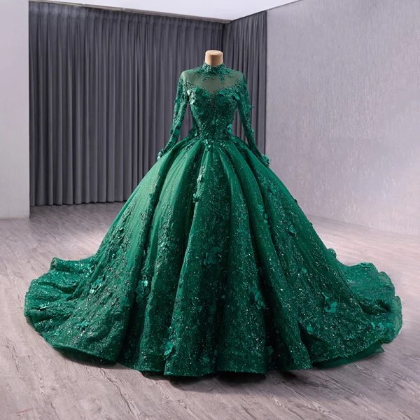 High-end Red Handmade  Beading Pearl Sequins Appliques Prom Dresses 2024 Ball Gown High Neck Long Sleeve Backless Chapel Train Prom Formal Dresses