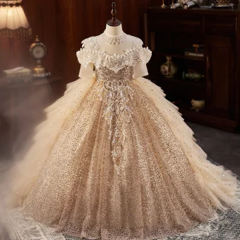 Sparkly Champagne Beading Rhinestone Lace Flower Cascading Ruffles Flower Girl Dresses 2024 Ball Gown Birthday Scoop Neck Short Sleeve Backless Floor Length Long