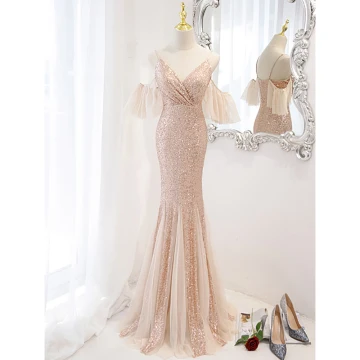 Sparkly Sexy Gold Sequins Evening Dresses 2023 Trumpet Mermaid Spaghetti Straps Short Sleeve Backless Floor Length Long Evening Party Formal Dresses