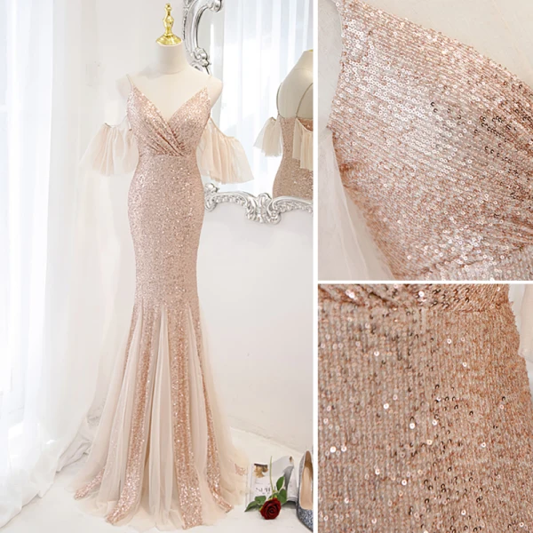 Scintillantes Sexy Doré Paillettes Robe De Soirée 2023 Trompette / Sirène Bretelles Spaghetti Manches Courtes Dos Nu Longue Soirée Robe De Ceremonie