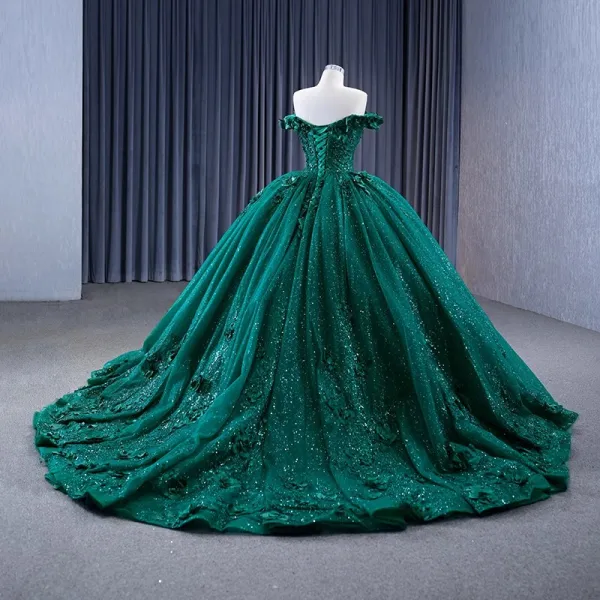 Luxury / Gorgeous Dark Green Handmade  Beading Sequins Appliques Prom Dresses 2023 Ball Gown Off-The-Shoulder Sleeveless Backless Court Train Prom Formal Dresses