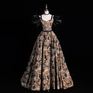 Vintage Originale Noire Chattes Impression Robe De Bal 2023 Gonflée Manches Courtes Dos Nu Robe De Ceremonie